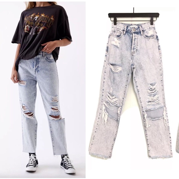 PacSun Distressed Jeans High Rise Straight Leg Button Fly Light Wash Size 27 - Picture 10 of 10